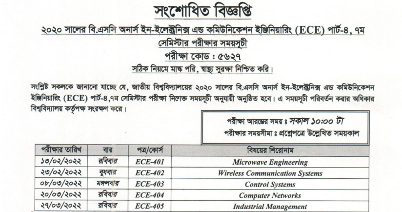ECE Exam Routine Part-4, 7th Semester (Revised)