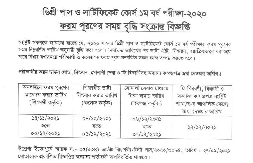 Degree Pass & Certificate Course Extended Exam Form Fill-Up Date 2021