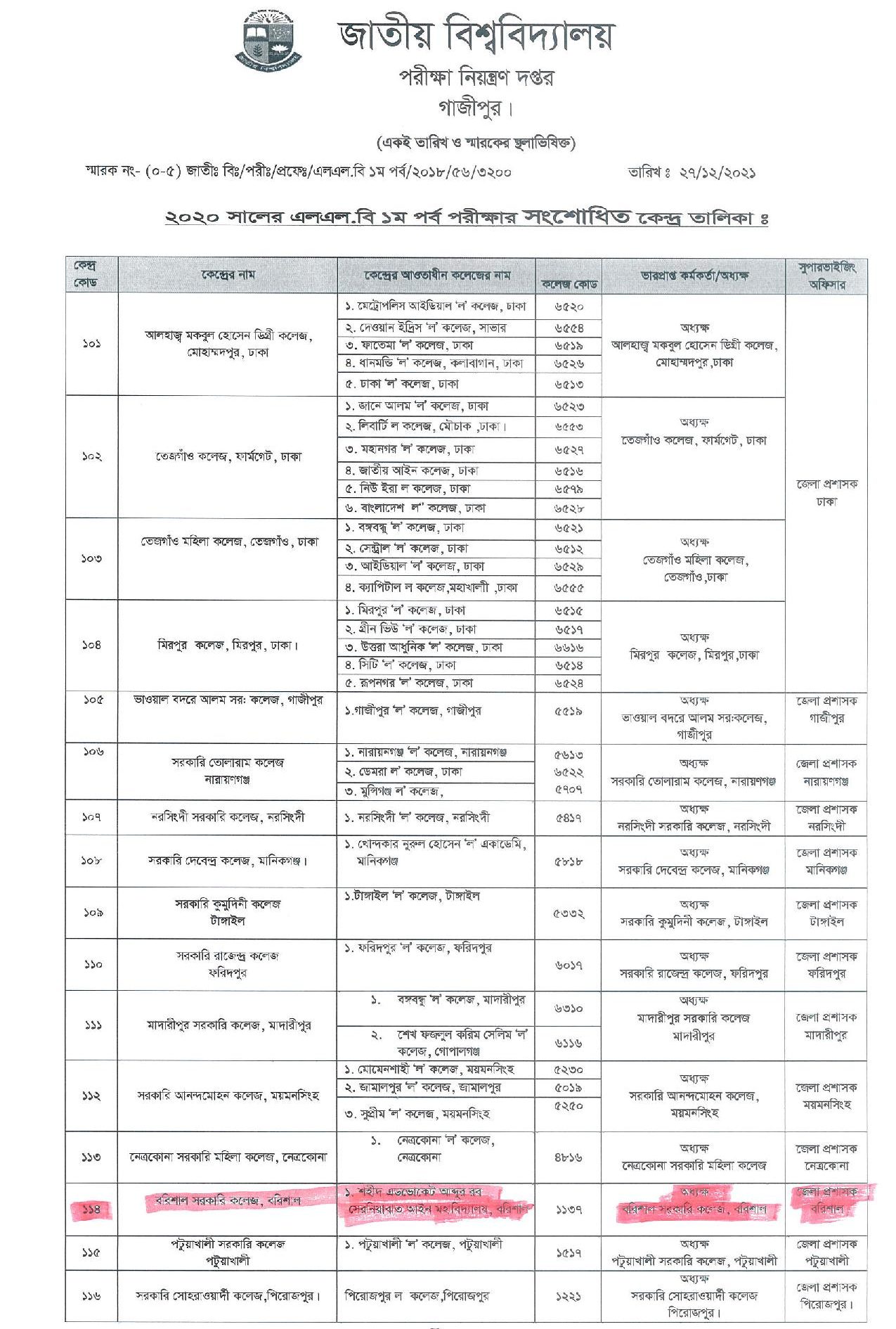 NU LLB 1st Part Exam Center List (Revised)