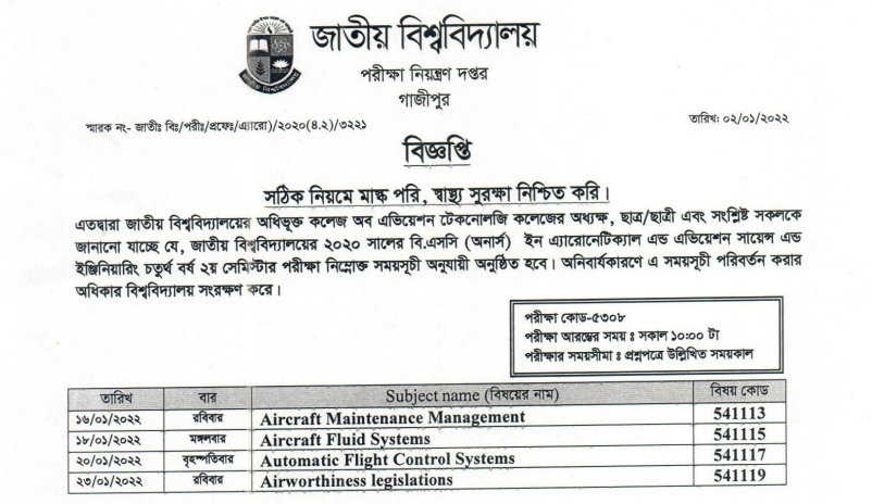 BSC (Hons) In Aeronautical & Aviation Science & Engineering Exam Routine