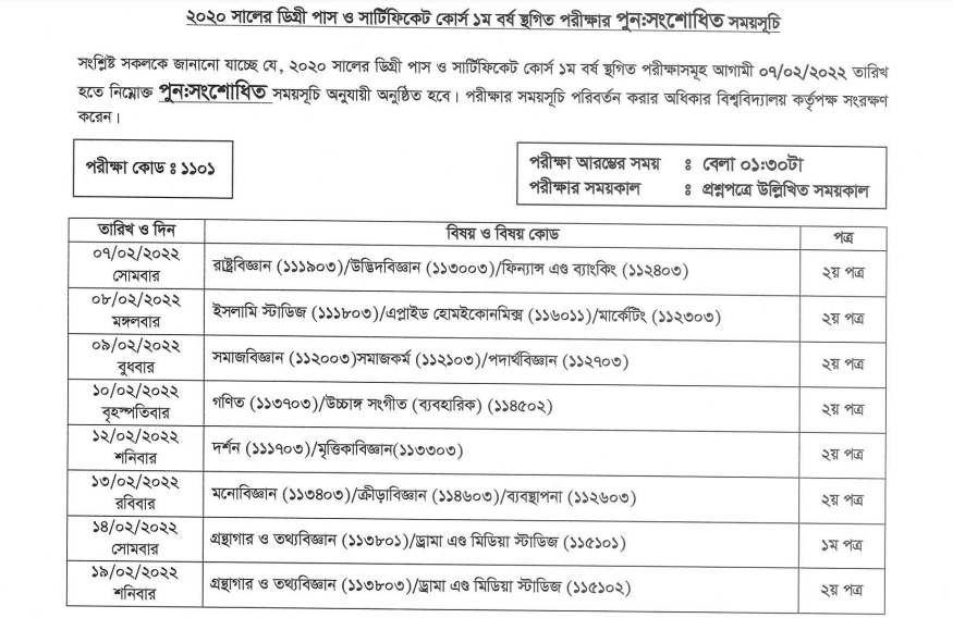 Degree Pass & Certificate Course 1st Year Exam Routine (Revised)