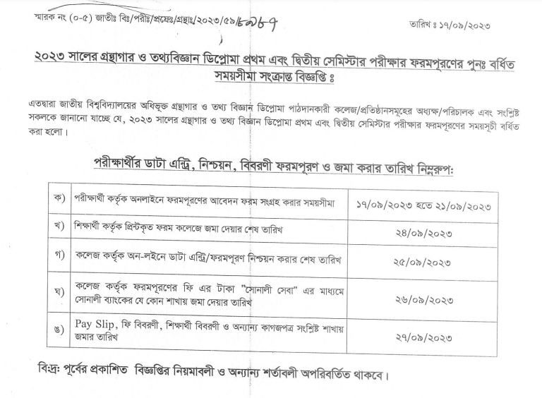 Library & Information Science Diploma Exam Form Fill-Up Notice 2023