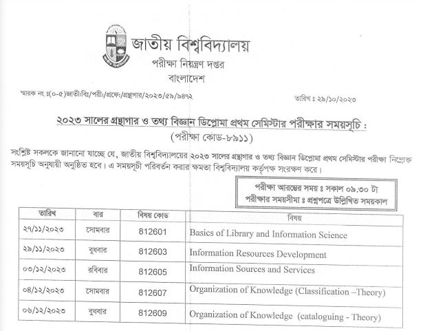 Diploma in Library and Information Science Exam Routine 1st Semester