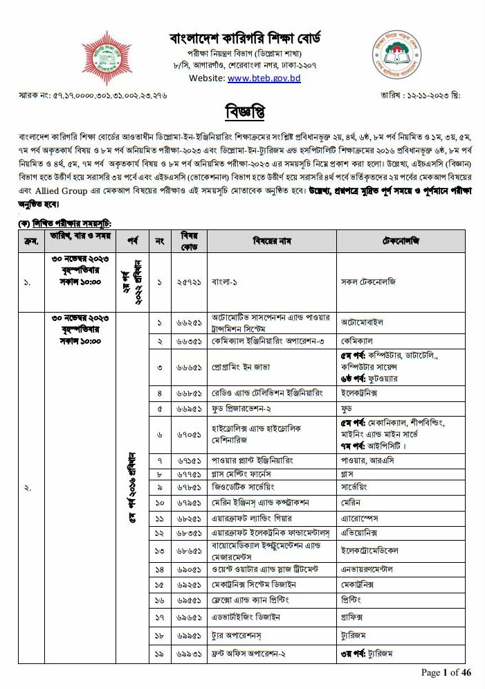 Diploma in Engineering Exam Routine 2023