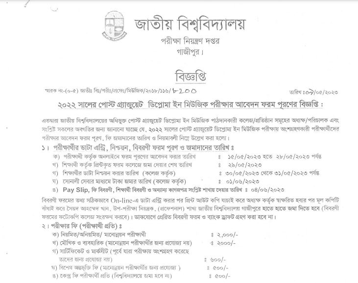 NU Post Graduate Diploma In Music Exam Form Fill Up Notice 2023